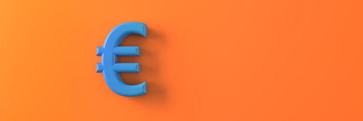 The symbol of the European currency is blue on an orange background. 3D visualization