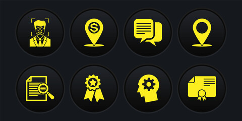 Set Document with search, Map pin, Medal star, Human head gear inside, Chat and Cash location icon. Vector