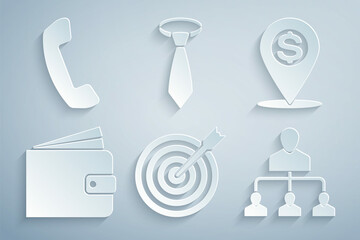 Set Target with arrow, Cash location pin, Wallet, Referral marketing, Tie and Telephone handset icon. Vector