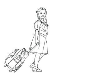 A small child carries a bag to go to school after the pandemic period and schools are starting to open, with face-to-face learning again