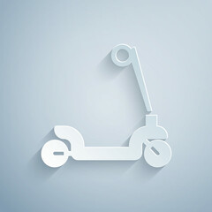 Paper cut Roller scooter for children icon isolated on grey background. Kick scooter or balance bike. Paper art style. Vector