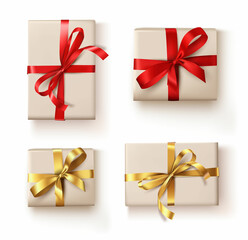 a set of gifts with a gold and red ribbon. Vector illustration of festive paper bags with silk or satin bows.A design element for a greeting card. An isolated object, a clipart in the style of a flat 