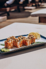 Delicious japanese sushi roll set on plate