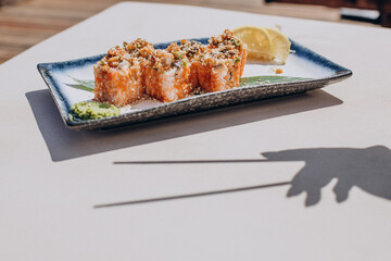 Delicious japanese sushi roll set on plate