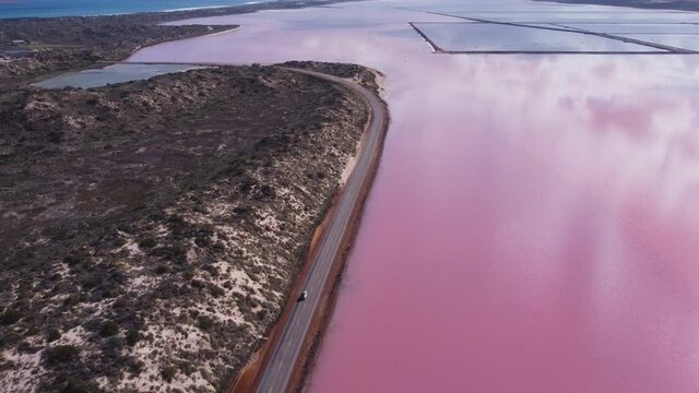 aerial clip of hutt lagoon flying backwards and facing north at port gregory in western australia