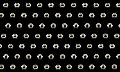 Background for the banner and design. The pattern. Metal nut with thread on a black background