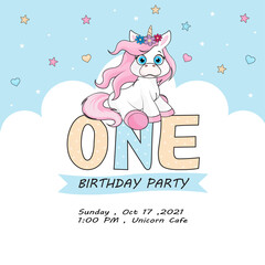 Cute baby unicorn invitation with hearts, stars and clouds