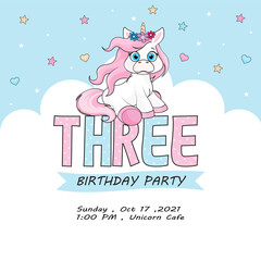Cute baby unicorn invitation with hearts, stars and clouds
