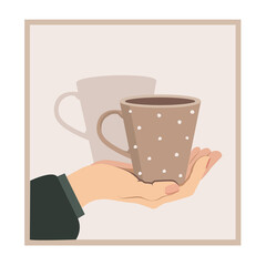  Ceramics. Girl is holding a cup with a pattern of polka dots. Handcrafted ceramics, cup. Vector illustration.