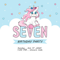 Cute baby unicorn invitation with hearts, stars and clouds