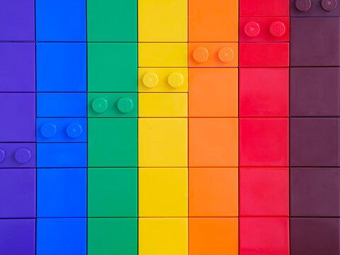 Tambov, Russian Federation -August 12, 2021 Lego rainbow backdrop.
