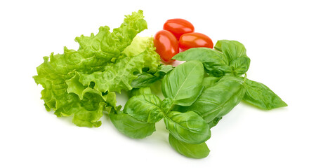 Basil leaves with lettuce, cooking condiments, isolated on white background. High resolution image.