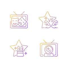 TV shows genres gradient linear vector icons set. Drama series. Talent contest. Sport competition reality show. Thin line contour symbols bundle. Isolated outline illustrations collection
