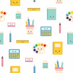 Childish seamless pattern with education supplies. Back to school. Vector kawaii cartoon character