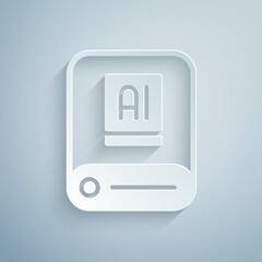 Paper cut Artificial intelligence AI icon isolated on grey background. Machine learning, cloud computing, automated support assistance and networks. Paper art style. Vector