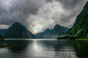 Sea, mountains and sky at Milford Sound, New Zealand