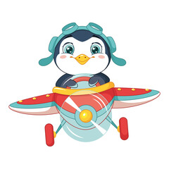 Penguin pilot flying on plane. Cartoon vector illustration