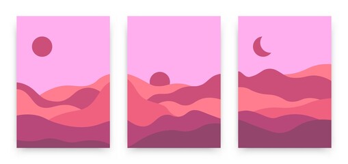 Contemporary landscape posters set. Abstract background, modern boho sun mountains moon minimalist wall decor. Vector art print