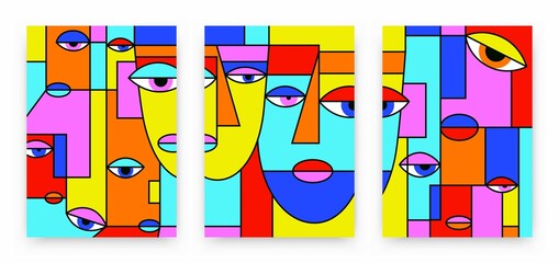 Abstract portrait set. Modern art print, bold geometric shapes eyes faces, funky geometry form simple pattern. Vector illustration