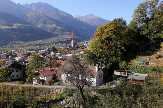 View of autumnal Schlanders in South Tyrol, Vinschgau Valley