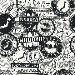 Nagoya, Aichi, Japan Stamps Background. A City Stamp Vector Art. Set of Postal Passport Travel. Design Set Pattern.