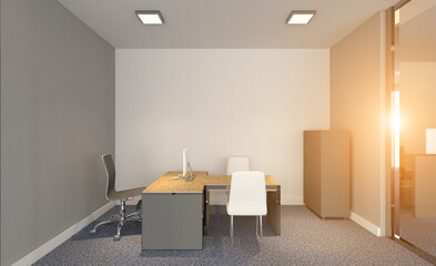 Open space office interior with like conference room. Mockup. 3D rendering.. Sunset.