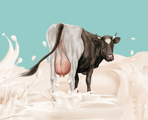 vache, laitière,   du dos au milieu du giclée du lait, rivière, exploitation, crème, jus de coco, isolé, blanc, illustration, giclée, giclée du lait-coco, lait, clapoter, conception, liquide, vague, n