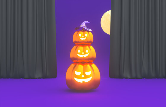 Cute 3d Halloween Pumpkins with the moon. Halloween background.