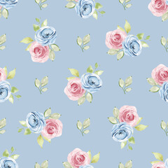 Seamless pattern with watercolor flowers roses, repeat floral texture, background hand drawing. Perfectly for wrapping paper, wallpaper, fabric, texture and other printing.