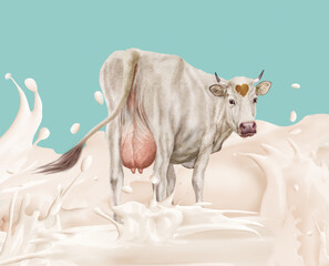 vache, laitière,   du dos au milieu du giclée du lait, rivière, exploitation, crème, jus de coco, isolé, blanc, illustration, giclée, giclée du lait-coco, lait, clapoter, conception, liquide, vague, n