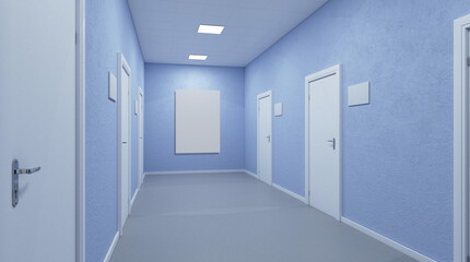 The Corridor in office building. 3D rendering . Mockup.   Empty paintings