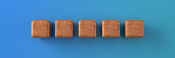 An abstraction of five wooden cubes arranged in a row. 3D rendering