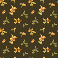 Watercolor autumn pattern with oak leaves and acorns. Brown and green acorns and leaves. Design for textiles, stationery and packaging. Autumn time.