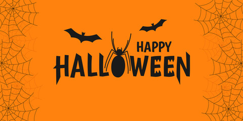 Happy Halloween background with bats, spider and spiderwebs. Greeting card, party invitation or sale banner template. Vector illustration. 