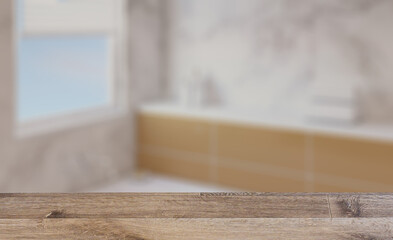 Background with empty table. Flooring. Modern bathroom including bath and sink. 3D rendering.