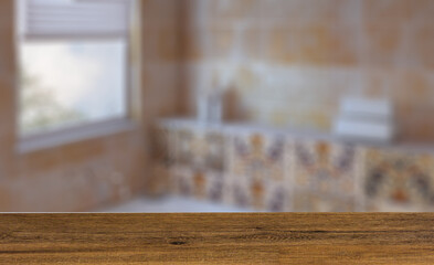 Background with empty table. Flooring. Modern bathroom including bath and sink. 3D rendering.