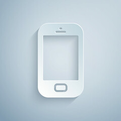 Paper cut Smartphone, mobile phone icon isolated on grey background. Paper art style. Vector