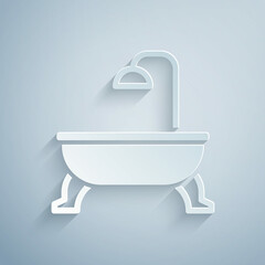 Paper cut Bathtub icon isolated on grey background. Paper art style. Vector