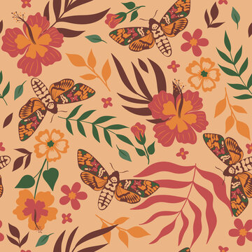 Pattern with moths and flowers. Vector graphics.