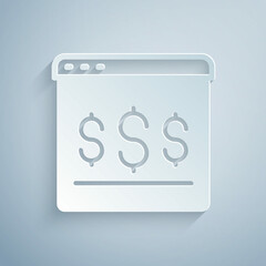 Paper cut Online shopping on screen icon isolated on grey background. Concept e-commerce, e-business, online business marketing. Paper art style. Vector