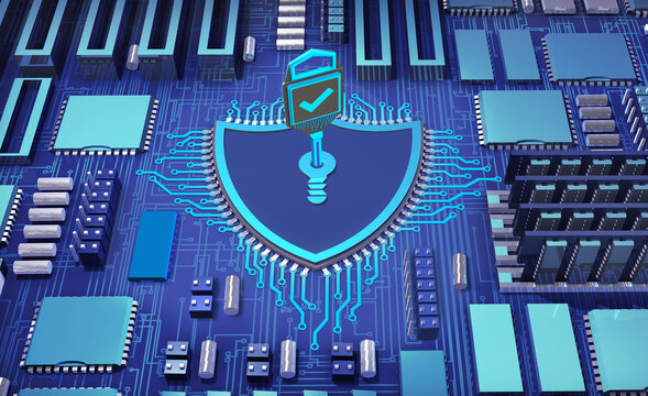Abstract image of CPU microchip in form of a shield, with keyhole and encryption key in it, connected to a PC motherboard. Cybersecurity concept related to the data privacy protection. 3D render