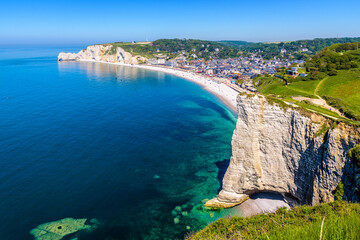High angle view of the beach of Etretat and the Amont cliff in Normandy, France