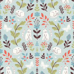 Cute seamless floral pattern with cats and plants - 451591916