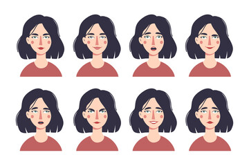 Young woman with different emotions. Vector set - 451591931