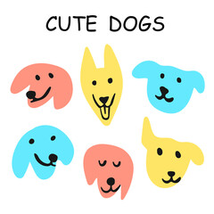 Cute Dogs Clipart set Vector template. Hand drawn funny dog faces art design collection for t shirts, mugs, pattern design, kids products and children book stories  illustration.