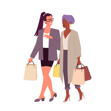 Fashion stylish girls with shopping bags vector illustration. Cartoon young happy fashionable woman friends characters walking, female character girlfriends holding handbags, talking isolated on white