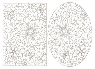 A set of contour illustrations in the style of stained glass with flower arrangements, dark contours on a white background