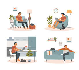 Young man with laptop in home interior.  Vector flat cartoon illustration