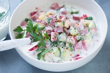 Closeup of cold soup okroshka with beef, vegetables and kefir served in a white bowl, selective focus