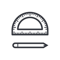 Black outline protractor and pen. education and knowledge vector icon.